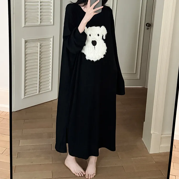 长款慵懒风睡裙女春秋季2025新款莫代尔休闲卡通黑色狗狗长袖睡衣