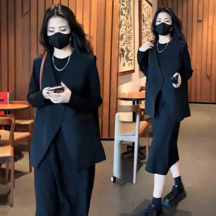 春秋大码休闲套装女韩版宽松遮肉直筒中长款连衣裙西装马甲两件套