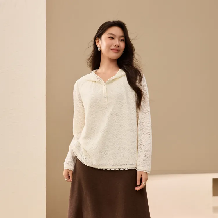 【少女梦境】纤莉秀大码女装流光风水波纹抓毛连帽蕾丝衫QK4102