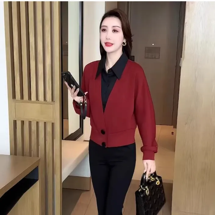 2025春秋季新款时尚假两件上衣女百搭衬衣洋气减龄显瘦气质上衣潮