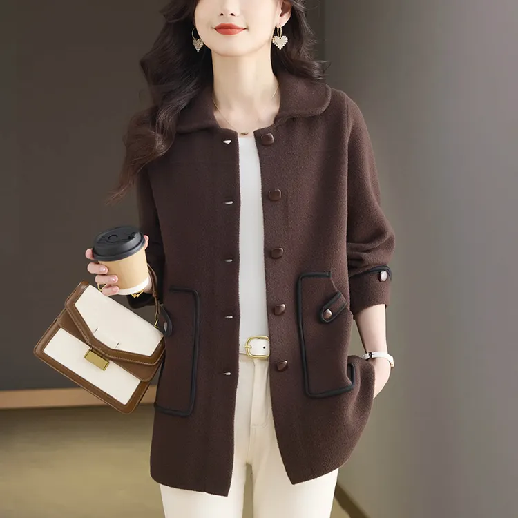 中长款毛呢外套高档纯色洋气上衣春秋季外搭气质女装开衫2025新款
