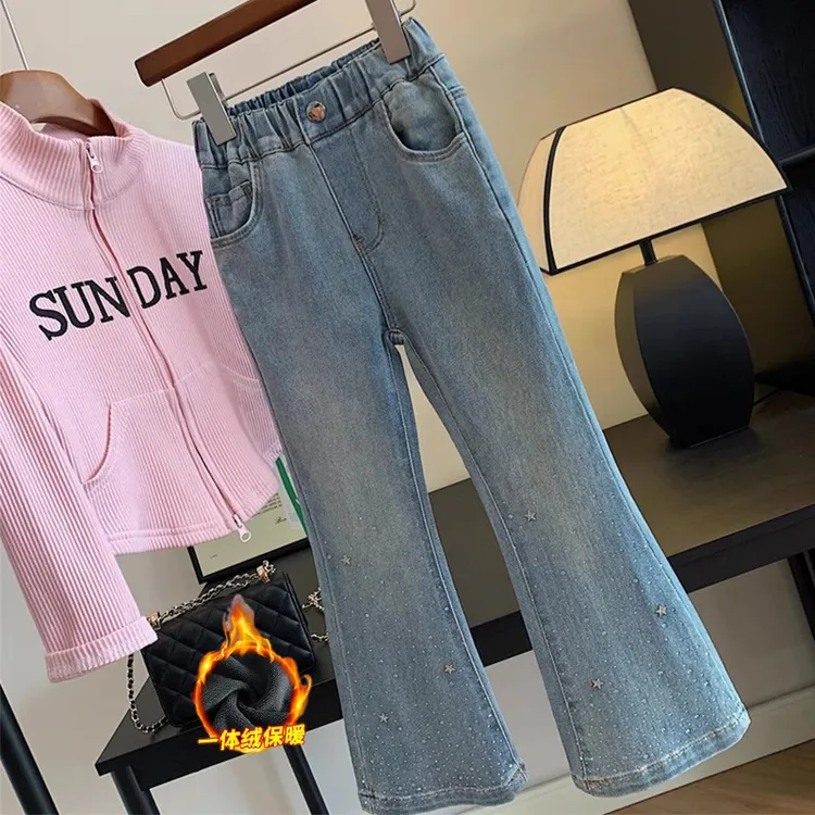女童牛仔裤中大童冬季甜美百搭喇叭裤儿童装一体加绒加厚微喇叭裤