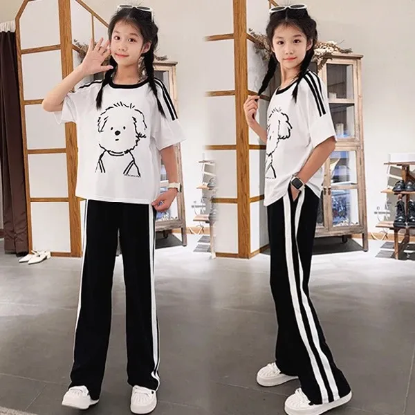 中大童女童夏季短袖T恤套装2025韩版新款上衣学生阔腿裤两件套夏