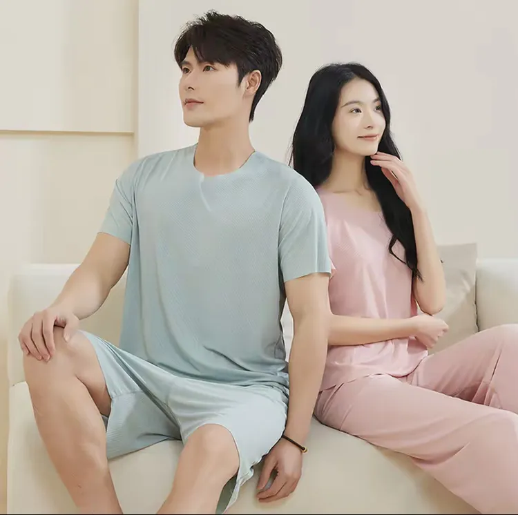 【保罗】套装#夏季情侣冰丝家居服男女薄款圆领休闲居家可外穿睡衣