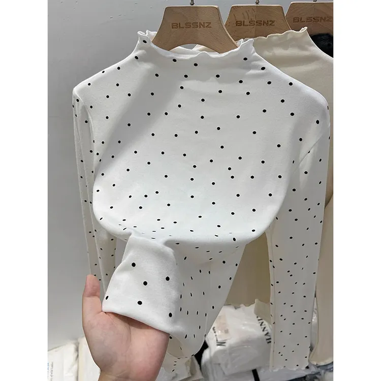 半高领波点长袖t恤女冬季2025年新款木耳边上衣休闲打底衫女内搭