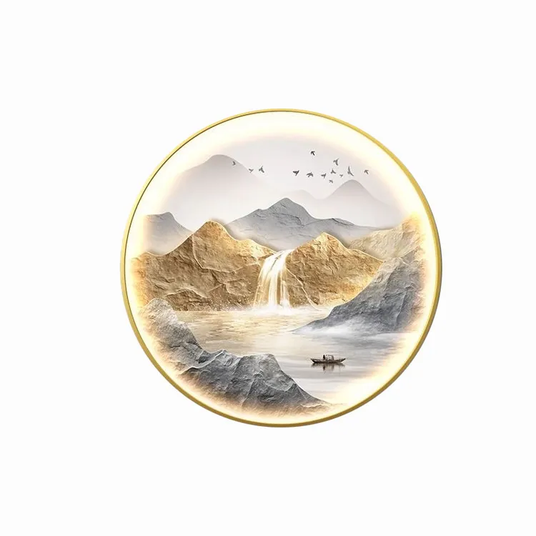 新中式入户玄关装饰画流水生财圆形山水挂画旭日东升走廊过道壁画