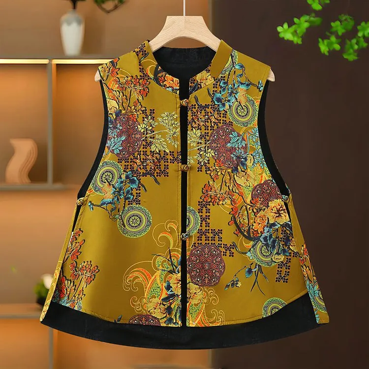 国潮双面提花植物花卉拼接复古洋气中长款中国风马夹0001