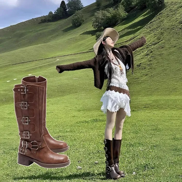 美拉德西部牛仔靴女2025年新款春秋粗跟长筒靴不过膝高筒马丁靴子