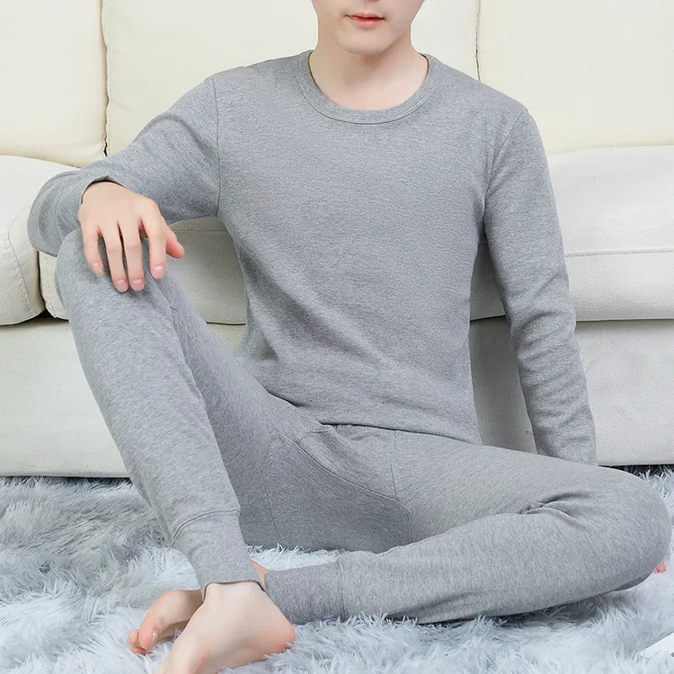 保暖内衣男士秋衣秋裤纯棉纯色棉毛衫青年圆领全棉套装TZ3203-40