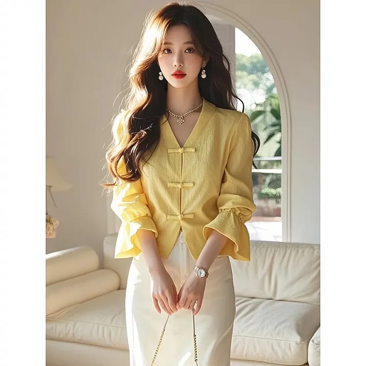 SS989漂亮独特黄色衬衫套装裙新中式女装改良国风气质两件套