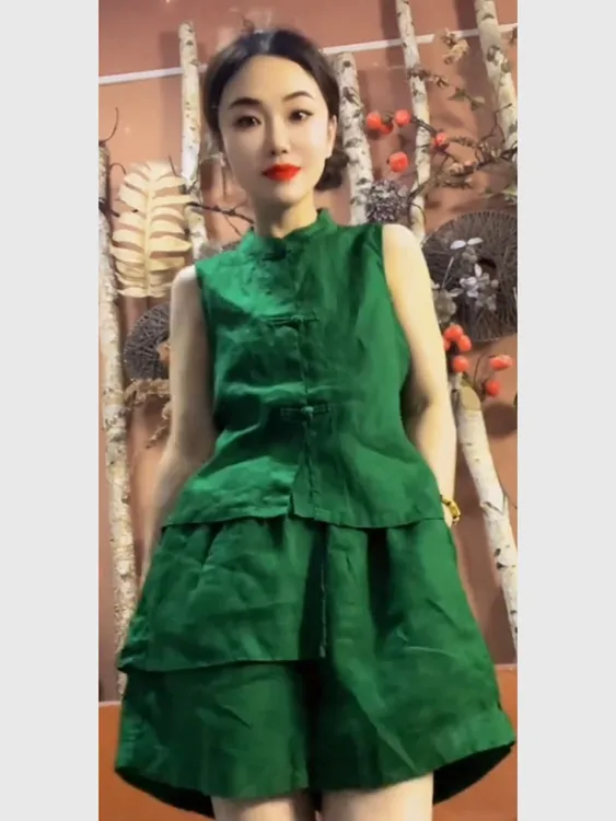 2025夏季爆款巨好看的宽松无袖绿色新中式穿搭显高显瘦一整套女装