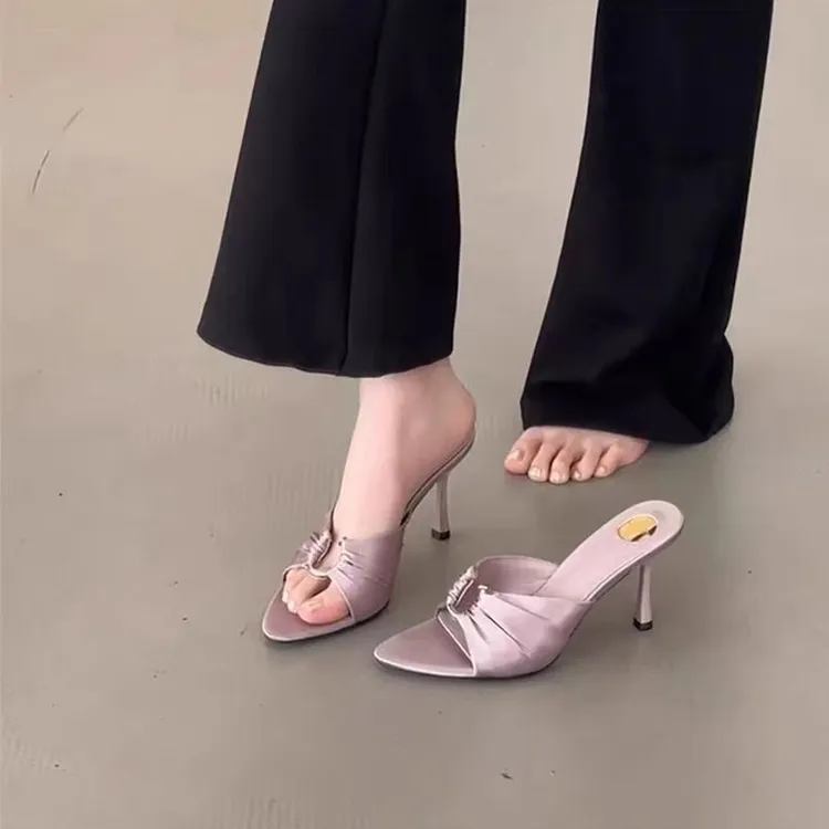 百丽官紫色尖头高跟凉拖鞋女夏新款气质金属扣褶皱性感细跟露趾凉