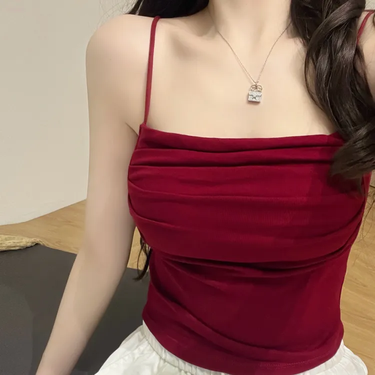 ins高级2025春夏一字领褶皱吊带秋冬女短款修身内搭外穿性感背心