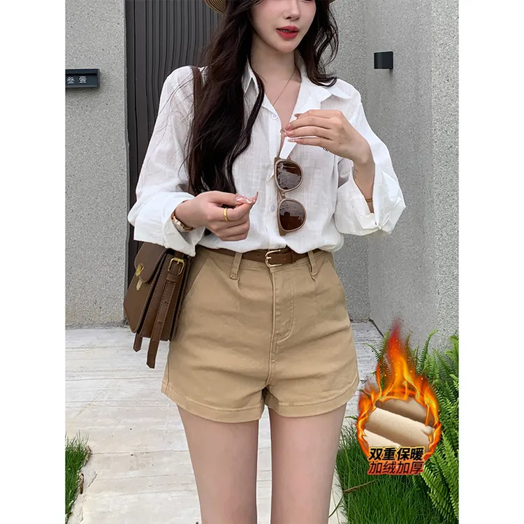 加绒简约老钱风咖牛仔短裤女2025冬季新款高腰宽松百搭阔腿短裤