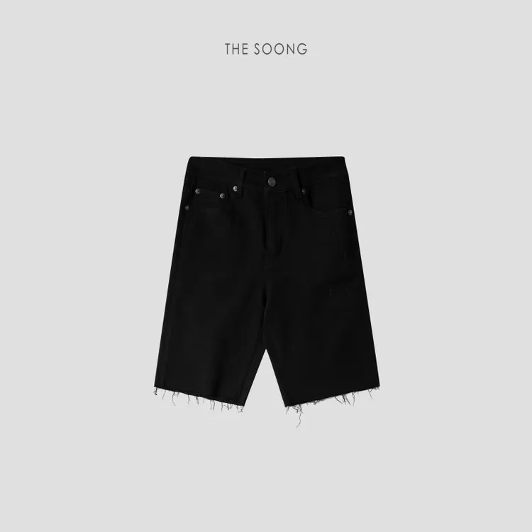 THESOONG|骑行弹力裤质感黑洗水中腰高弹五分短牛仔裤女HZNZ4369