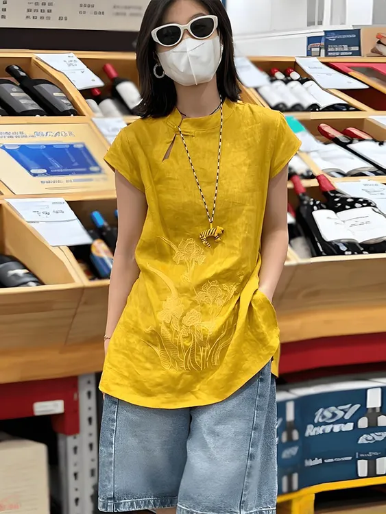 小众不撞款轻奢高级感高端欧货洋气新中式国风黄色印花上衣女夏季