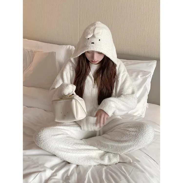 可爱米菲兔半边绒睡衣女冬季加厚毛绒针织连帽开衫长裤家居服套装