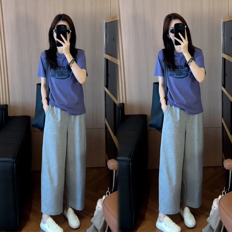 夏季简约休闲通勤一整套穿搭字母印花上衣短袖+高级灰休闲裤套装