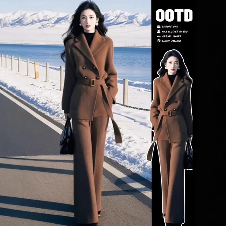 SS856秋冬一整套气质时尚气质小香风绿色针织上衣外套阔腿裤套装