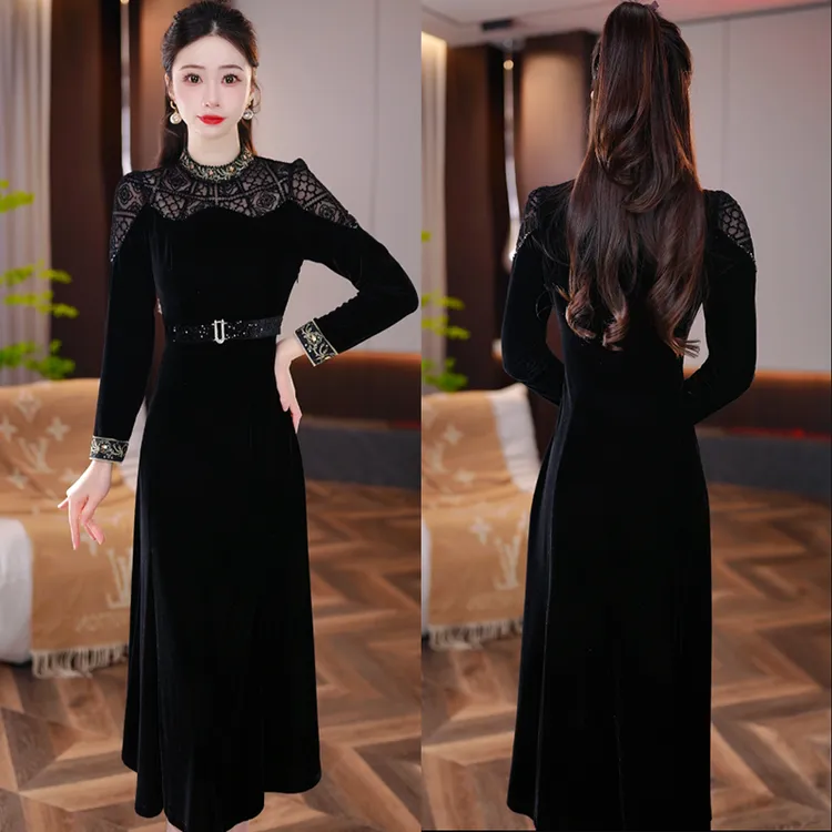 【墨染雅飞】2025秋冬新款收腰显瘦洋气减龄轻奢女人味黑色连衣裙