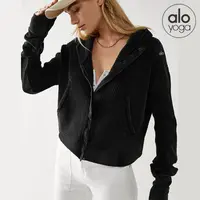 alo卫衣女秋华夫格连帽开衫欧美拉链连帽长袖上衣外套针织瑜伽服