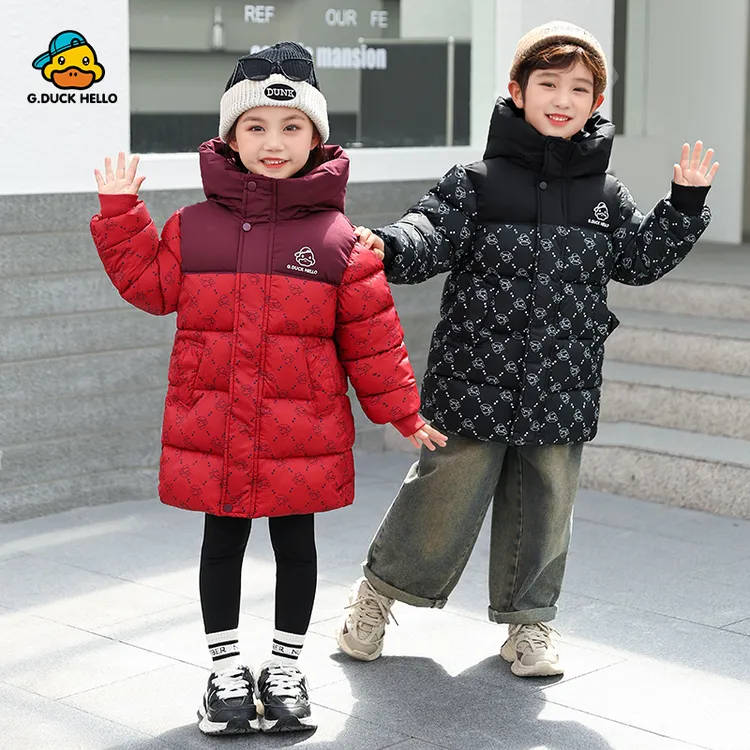 2025黑金小黄鸭儿童中长款棉服加厚拼色中大童连帽秋冬新款外套