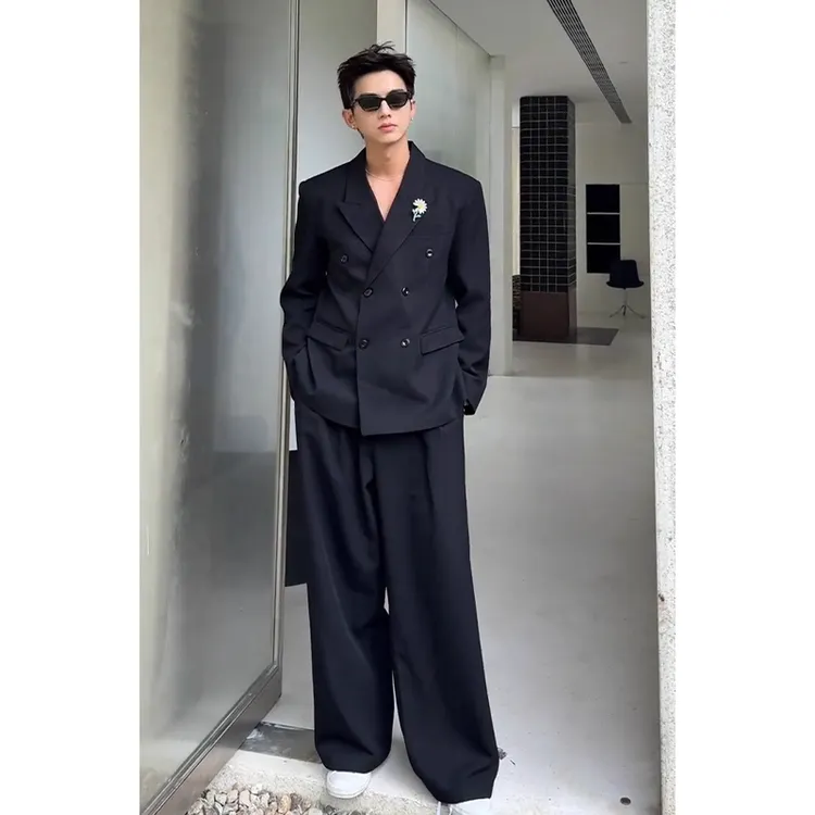 GD同款雅痞风黑色小雏菊垫肩西装外套男款裤子一整套ootd穿搭套装