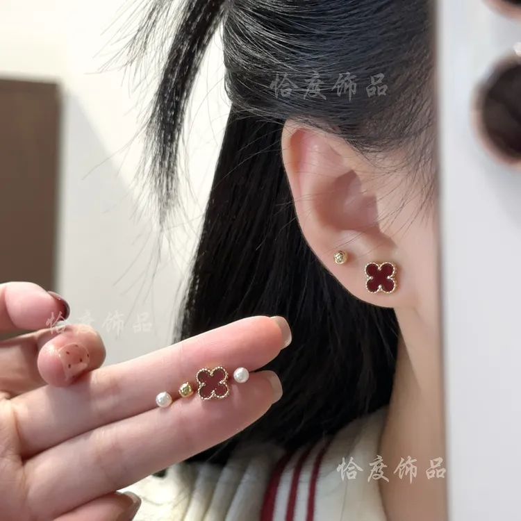【恰度】经典红色四叶花朵珠珠六件套耳钉