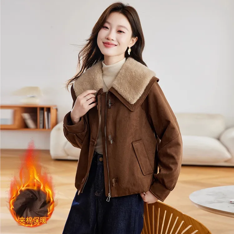 拉夏贝尔加绒加厚大翻领外套女2025秋冬新款麂皮绒洋气夹克上衣潮
