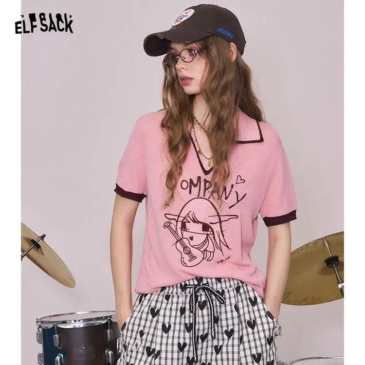 妖精的口袋翻领正肩刺绣短袖针织衫2025年夏季新款设计感薄款上衣