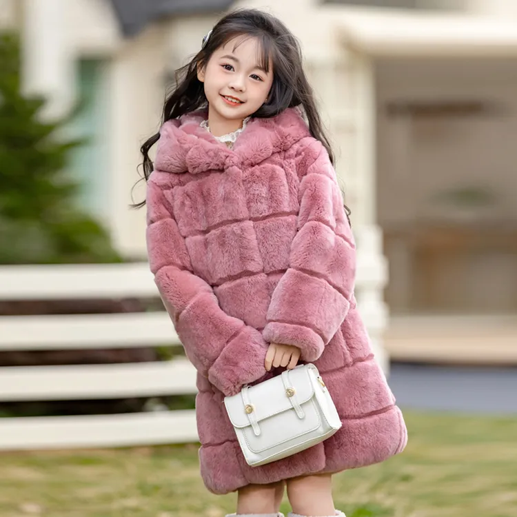 冬季女童真獭兔毛皮草外套中长款休闲风厚款棉服洋气中小童大衣