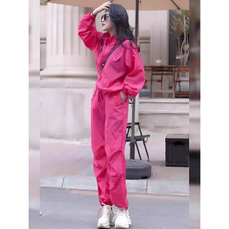 洋气减龄女士运动风套装今年爆款玫粉色立领宽松卫衣两件套女装潮