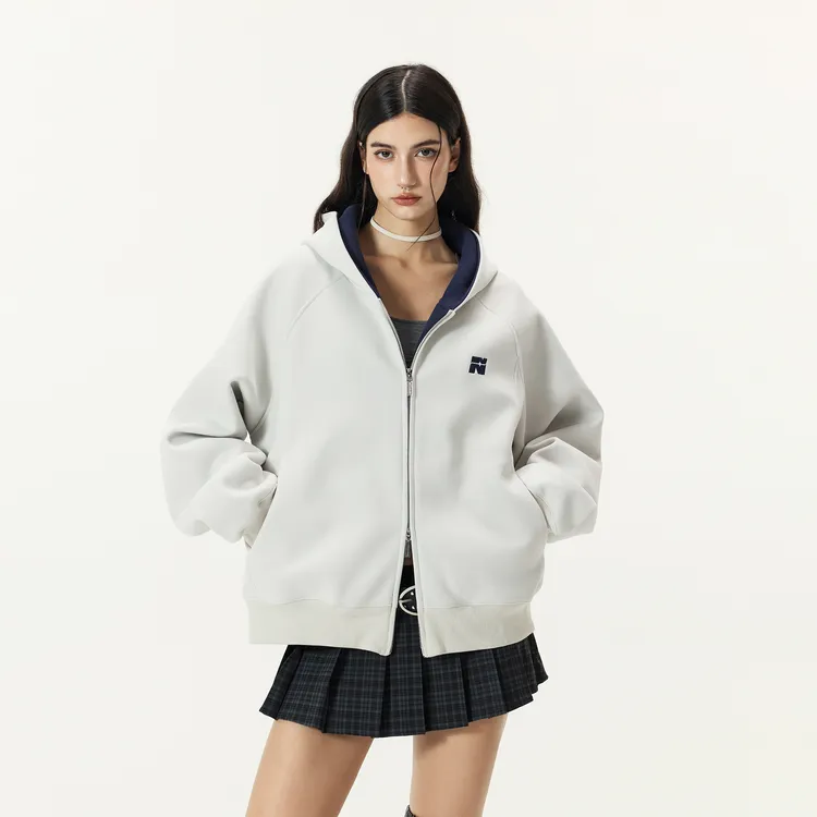 FORNINES微短款撞色刺绣双拉链开衫卫衣男女460g情侣连帽休闲外套