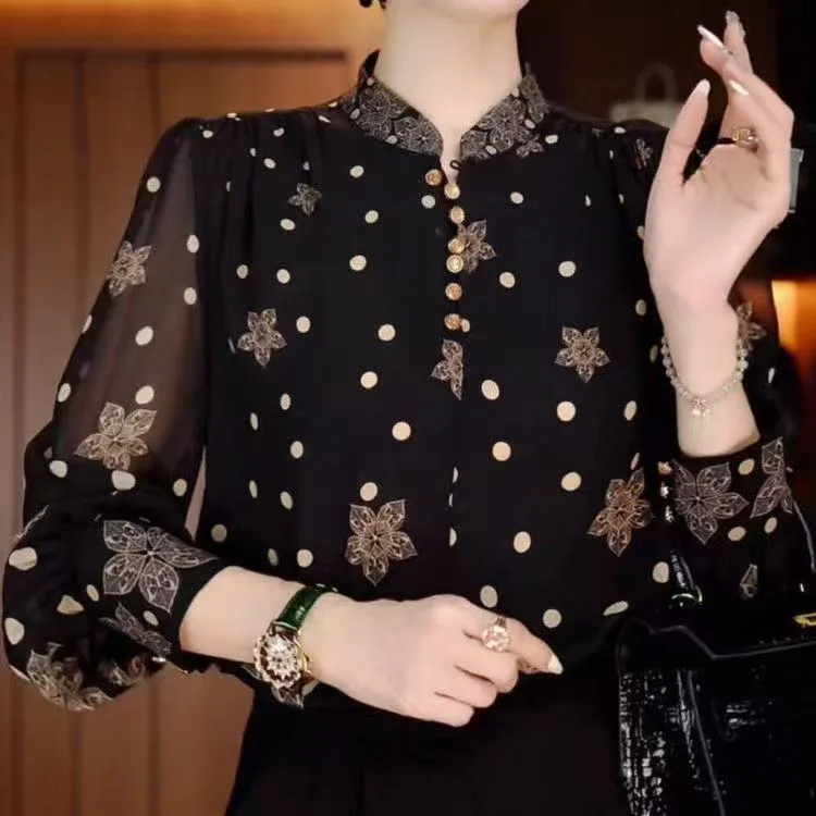 早秋长袖薄款冰丝衬衫大码胖mm宽松遮肚防晒波点小衫