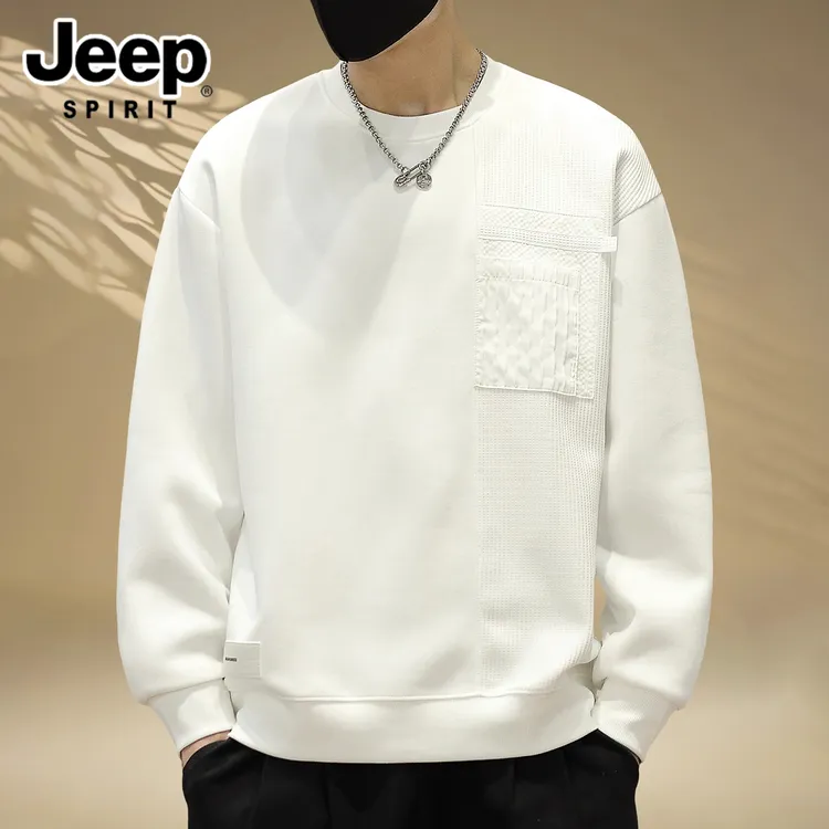 吉普白色卫衣男士秋季2025新款潮牌重磅打底衫圆领套头长袖体恤男