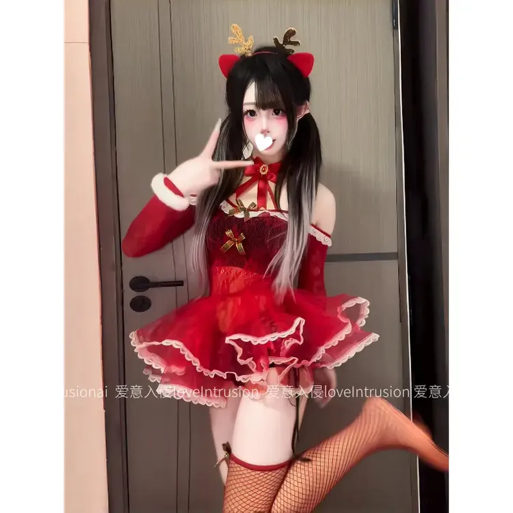 爱意入侵：麋鹿精灵！圣诞新年蓬蓬裙连衣裙甜美少女网纱性感纯欲风