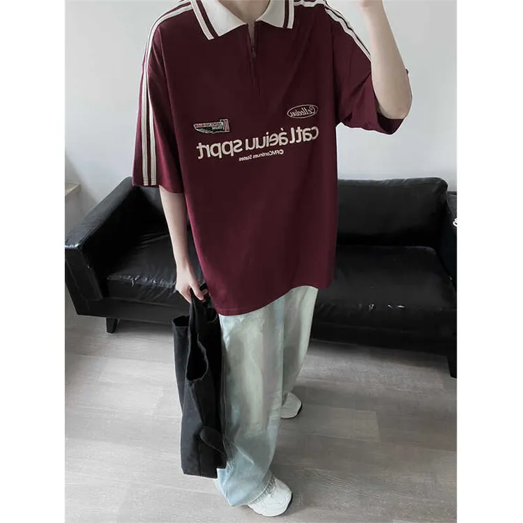 美式复古机车短袖t恤男夏季潮牌拼接翻领半拉链炼宽松赛车服Polo