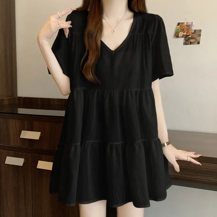 大码女装别致复古V领泡泡袖娃娃衫衬衣女胖MM宽松显瘦中长款上衣