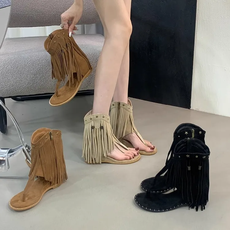 【万象撤柜】流苏凉靴女夏季增高短靴2025新款美拉德靴子夹趾短筒靴