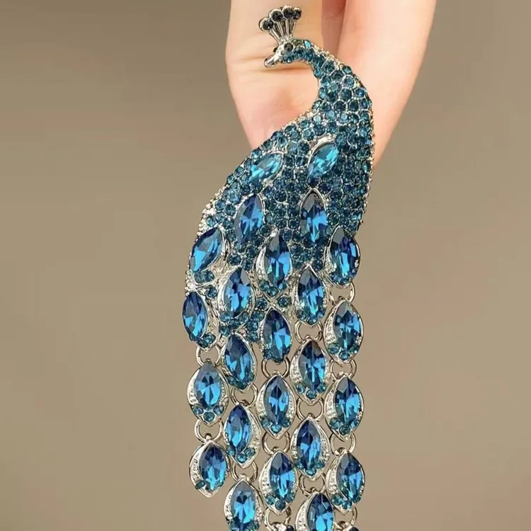 铜合金合成锆石胸针 【孔雀回眸】复古流苏孔雀胸感灵动尾巴毛衣饰