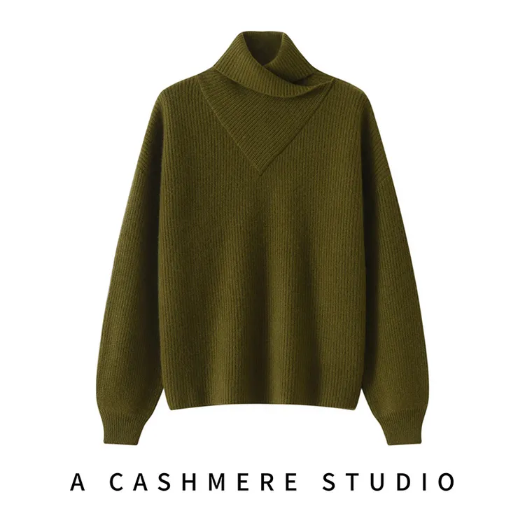 高领羊绒打底衫上衣秋冬女士宽松慵懒风设计感纯色针织时尚方巾领
