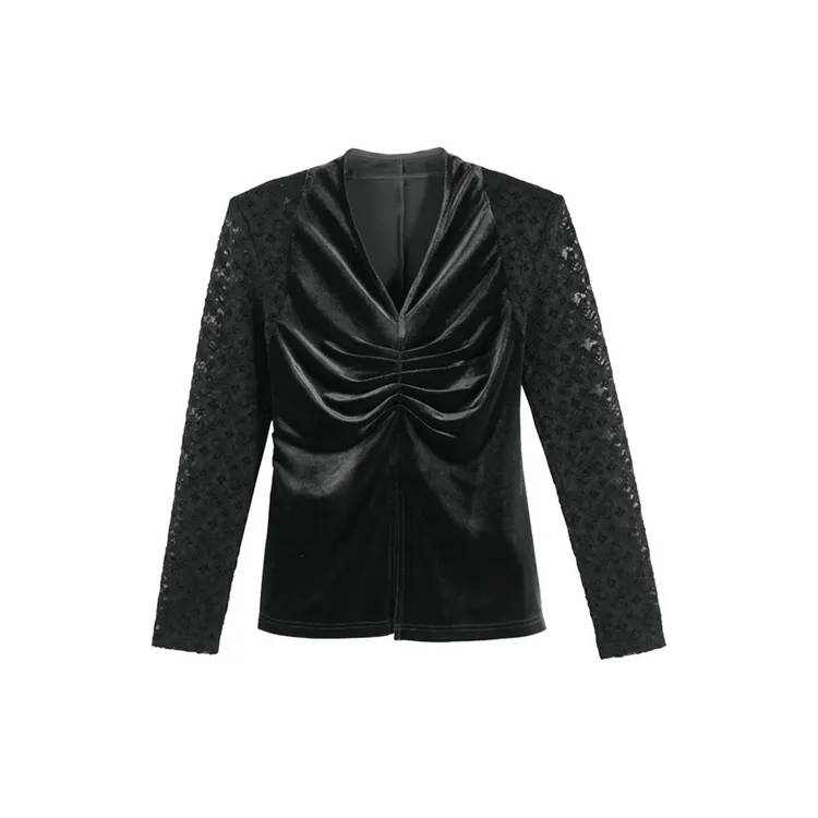 DENGDAHA「罗兰魅力」御姐风 蕾丝拼接长袖V领丝绒上衣HBZX710020