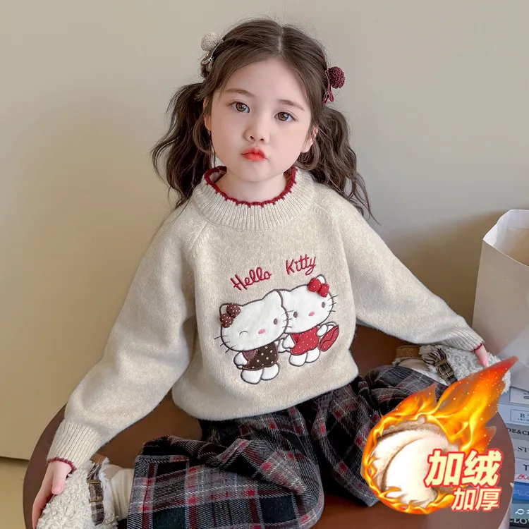 女童毛衣秋冬季2025新款儿童打底针织衫洋气圆领宝宝加绒加厚上衣