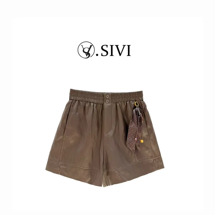 熙薇【芦花漫渚】2025早秋时尚休闲百搭宽松简约新款皮短裤H3749