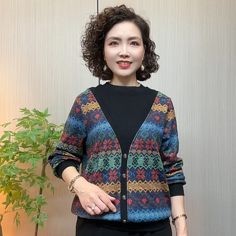 秋冬中老年妈妈装时尚宽松洋气假两件气质流光风印花保暖休闲长袖