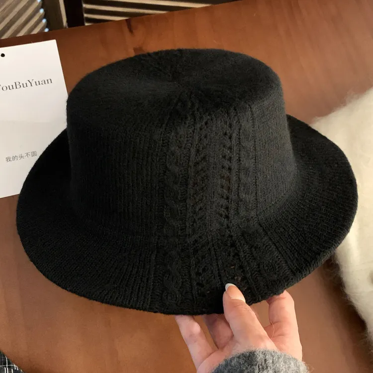 老钱风羊毛呢镂空平顶帽女秋冬保暖针织礼帽显脸小气质纯色渔夫帽