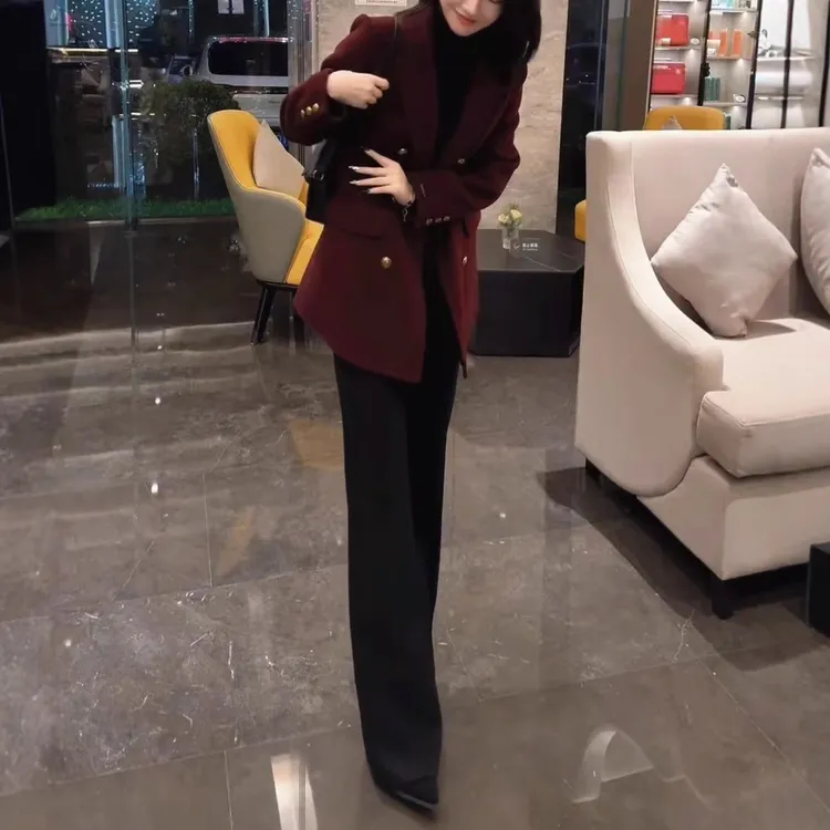 新款翻领纯色外套高腰长裤显瘦女装套装女套装上档次