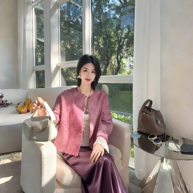 南油新款外套女圆领气质显瘦短外套冬季厚款新中式国风提花秋冬