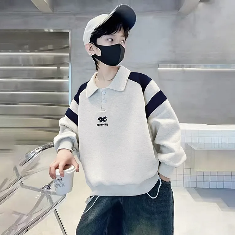 2025秋季新款撞色POLO中大童男韩版印花卫衣潮酷童装男孩春秋休闲