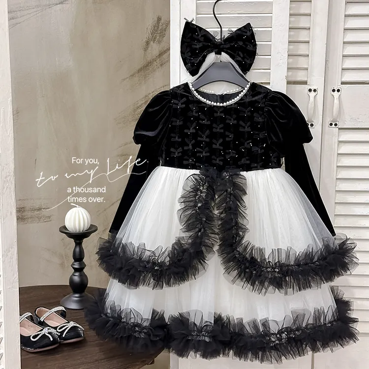 女童2025年秋季新款蓬蓬裙走秀高定礼服千金风蝴蝶结公主连衣裙